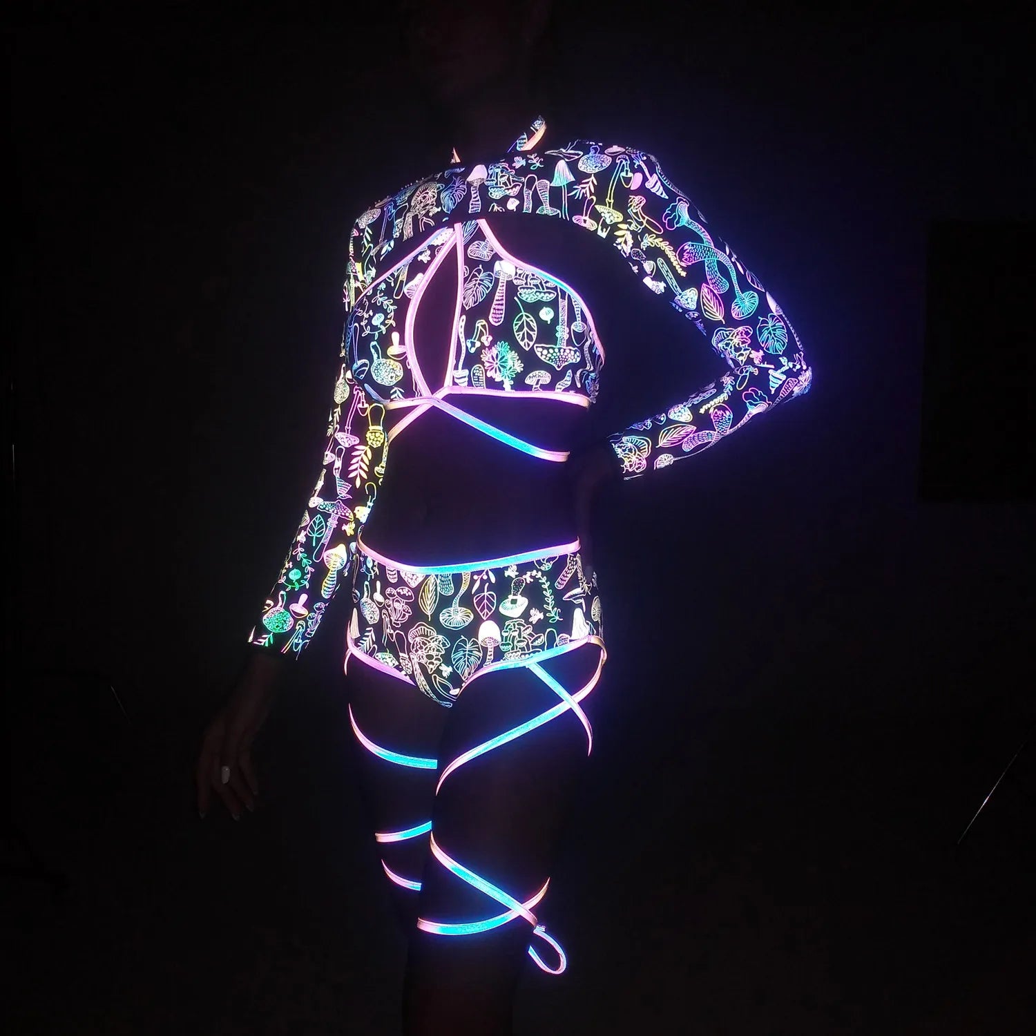 Harajuku Reflective Set Bandage Shorts+Bra+Crop