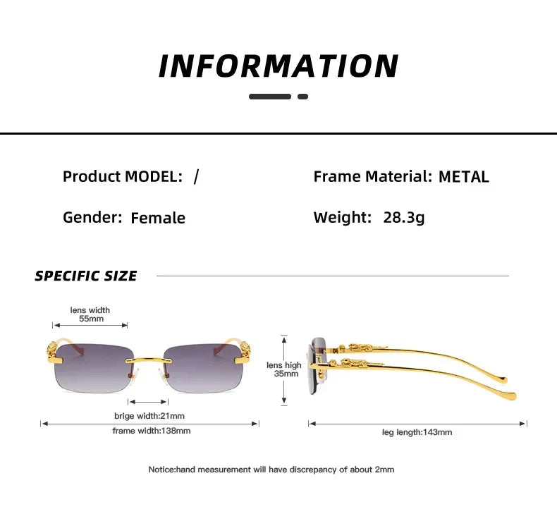 Rimless Rectangle Vintage Metal Leopard Head Sunglasses
