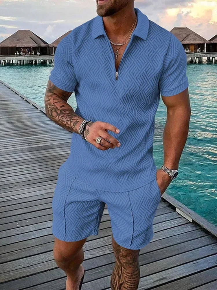 V-neck Zipper Short Sleeve POLO Shirt & Shorts