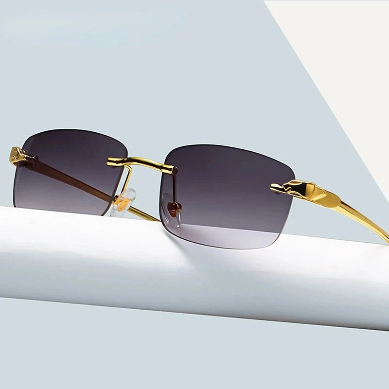 Rimless Rectangle Vintage Metal Leopard Head Sunglasses
