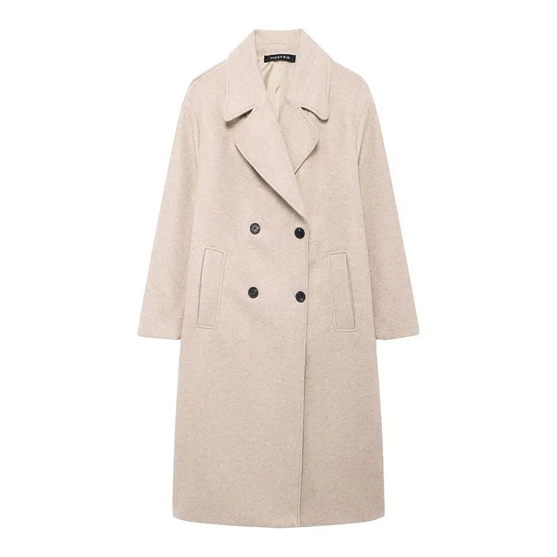TRAFZA Solid Lapel Double Breasted Coat
