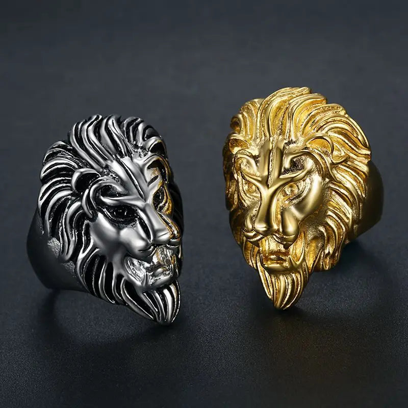 Stainless Steel / 18 K Gold Plated  Lion Head Rings