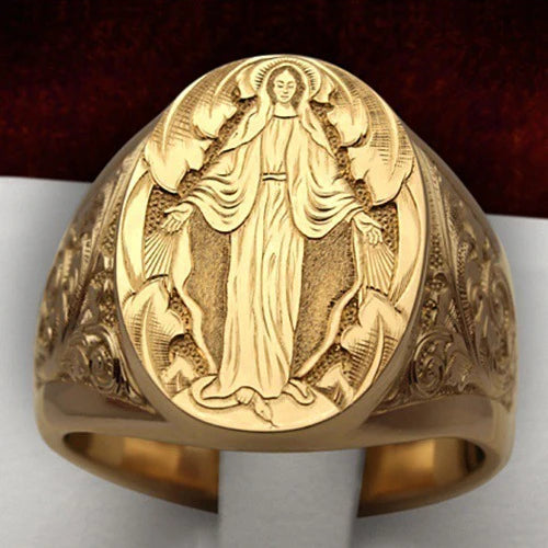 18K Gold Plated Virgin Mary Handmade Carved Religious Rings