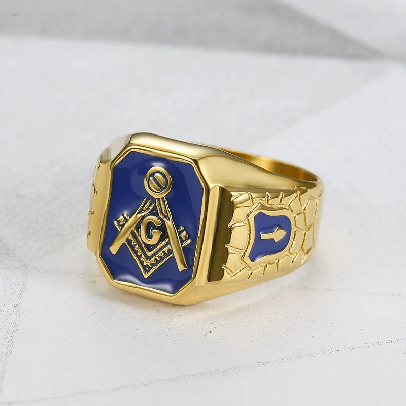 Titanium Steel 18k Gold-Plated Blue Glue Speech Men's Ring