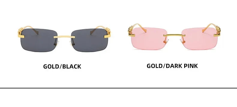 Rimless Rectangle Vintage Metal Leopard Head Sunglasses
