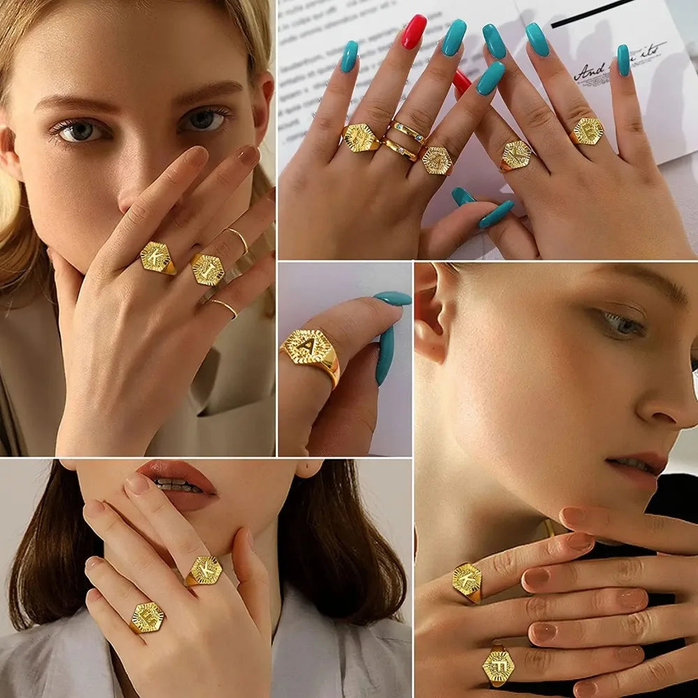 18k gold plated U7 Hexagon Surface Rings