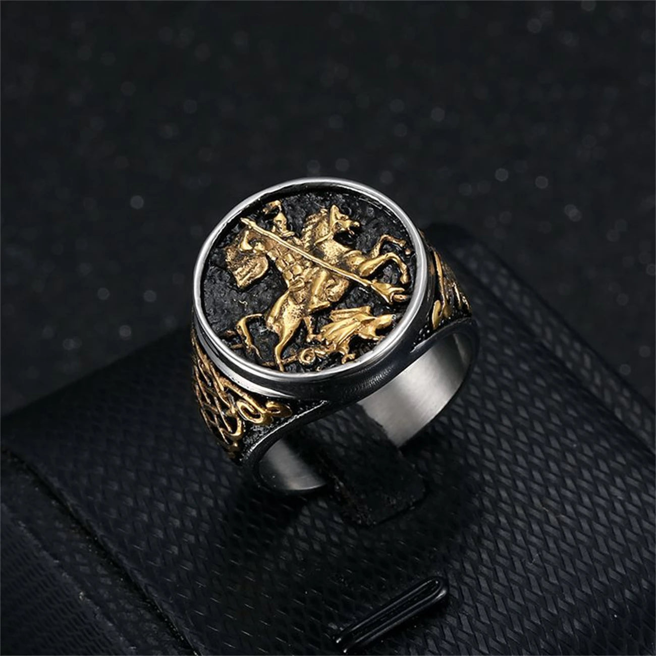 Gold-Plated Saint George Dragon Slaying Knight  Ring