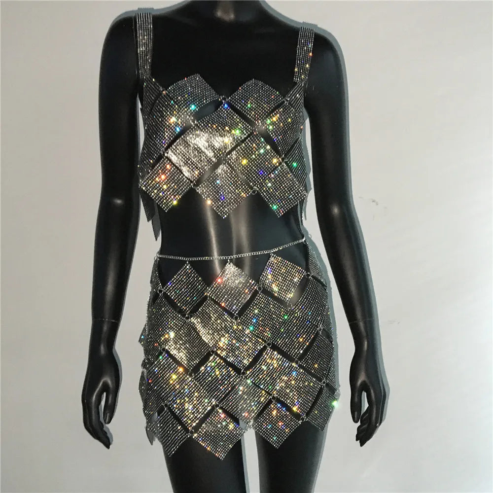 Shiny Crystal Rhinestone  Tank Tops Mini Skirt