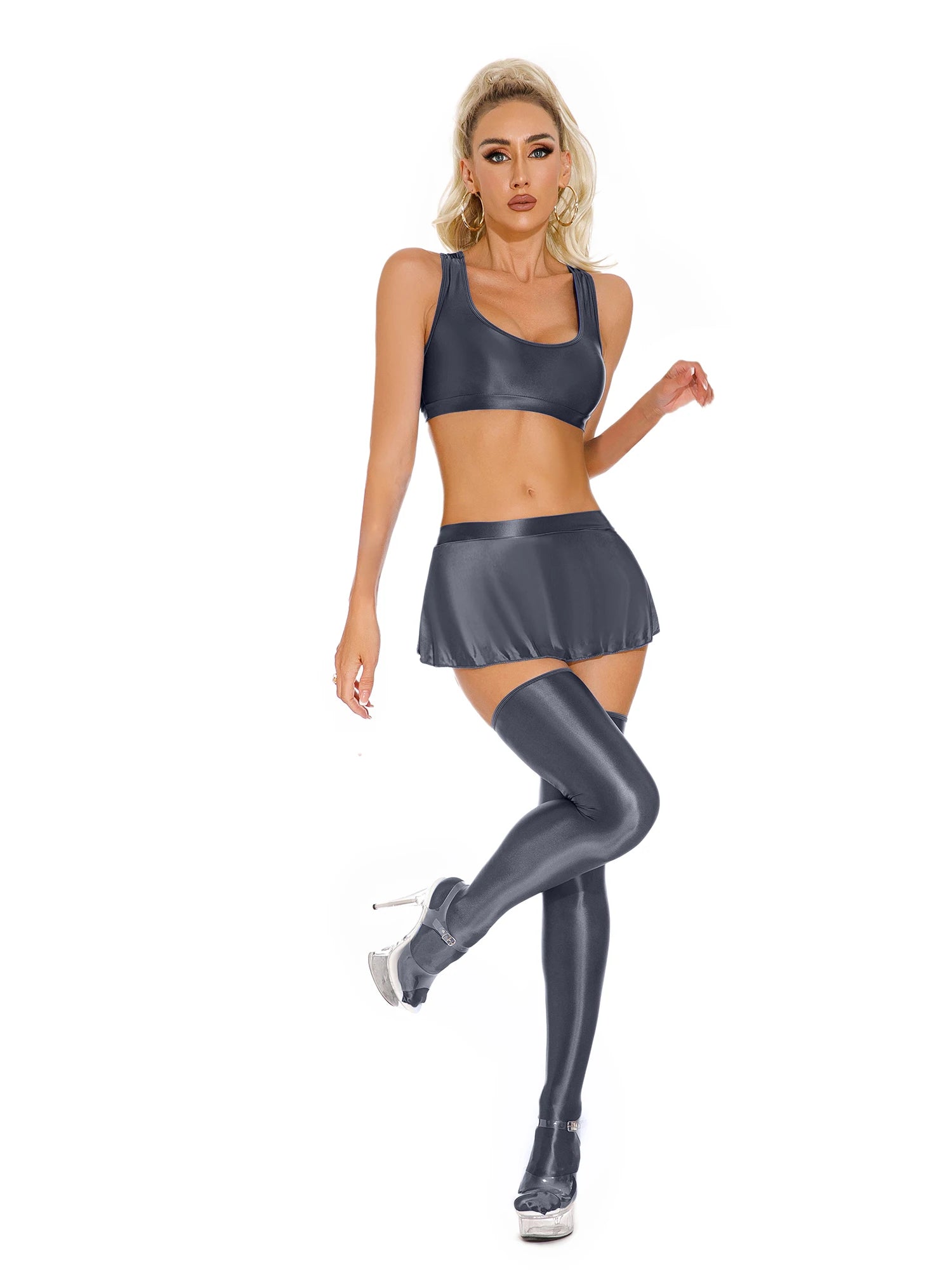 Glossy Rave Party Outfit Mini Skirt  & Crop Top