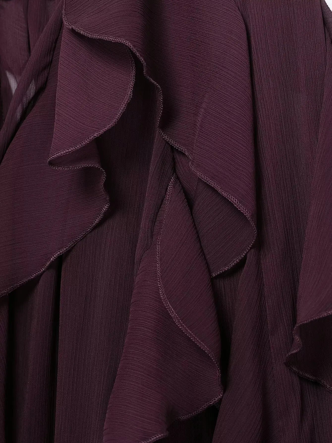 Tangada  Wine Red Ruffles Shirt Long Sleeve