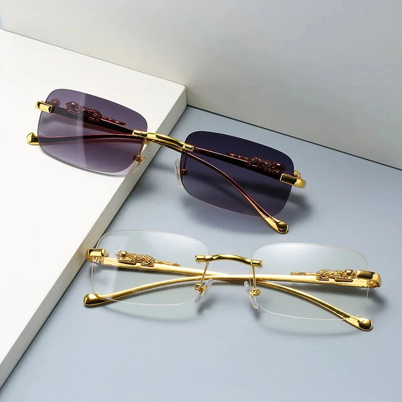 Rimless Rectangle Vintage Metal Leopard Head Sunglasses