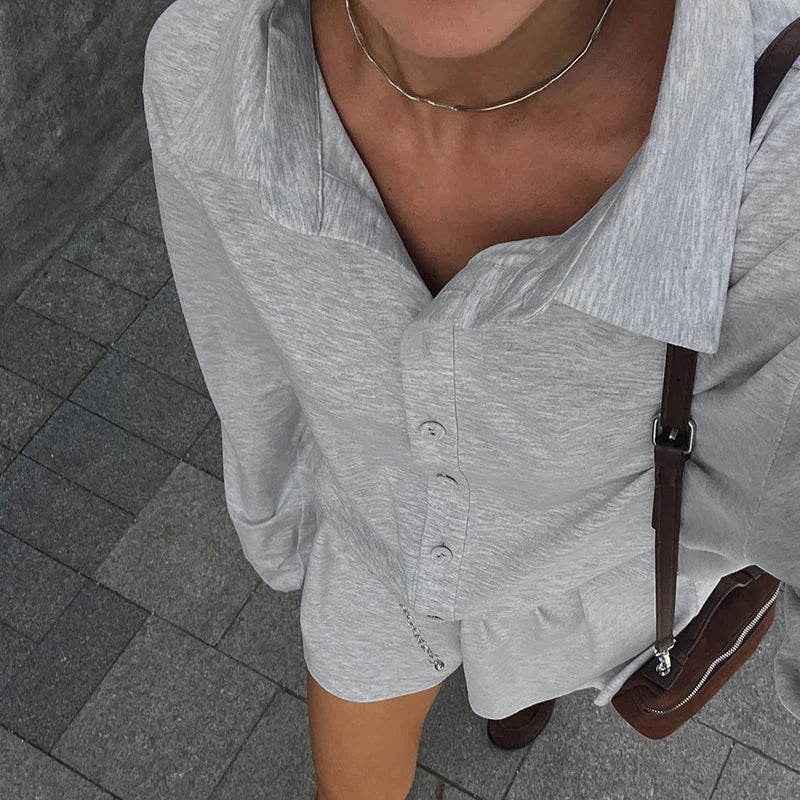 Grey Loose Rompers Fashion Button Up Full Sleeve suit