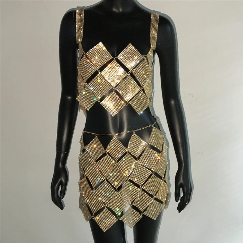 Shiny Crystal Rhinestone  Tank Tops Mini Skirt