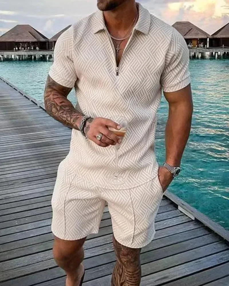V-neck Zipper Short Sleeve POLO Shirt & Shorts