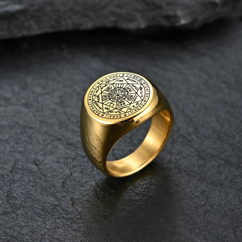 YILUOCD  18K Gold Plated+Stainless Steel Seal of The Seven Archangels Rings