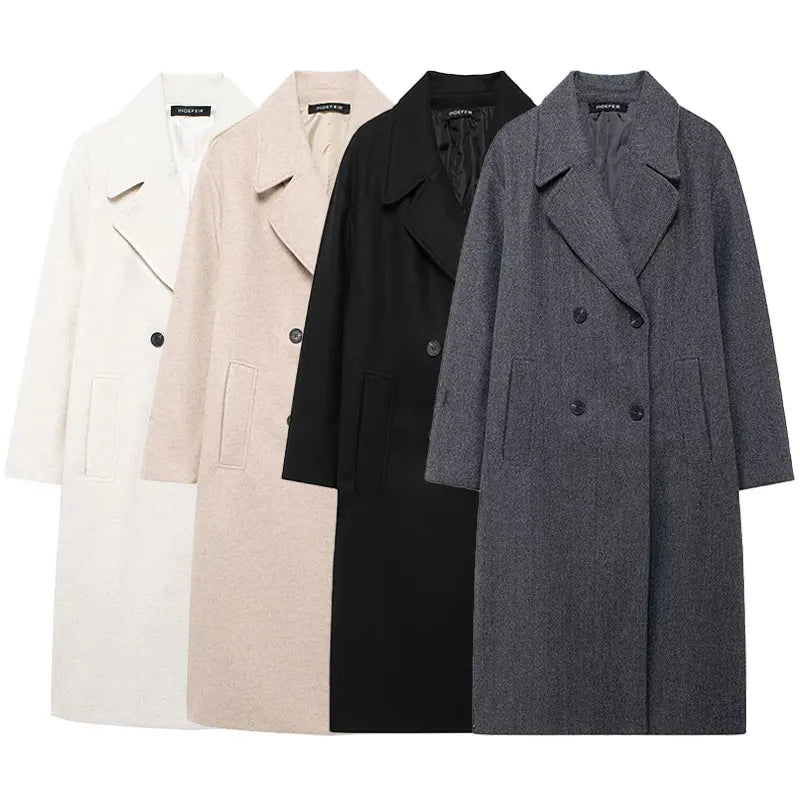 TRAFZA Solid Lapel Double Breasted Coat