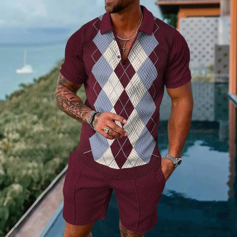 3D Printed Short Sleeve Zipper Polo Shirt Shorts
