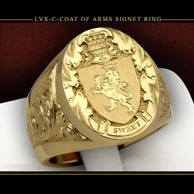 Luxury Gold Plated Coat of Arms Sweet Signet Engraved Ring
