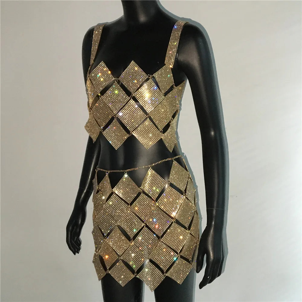 Shiny Crystal Rhinestone  Tank Tops Mini Skirt