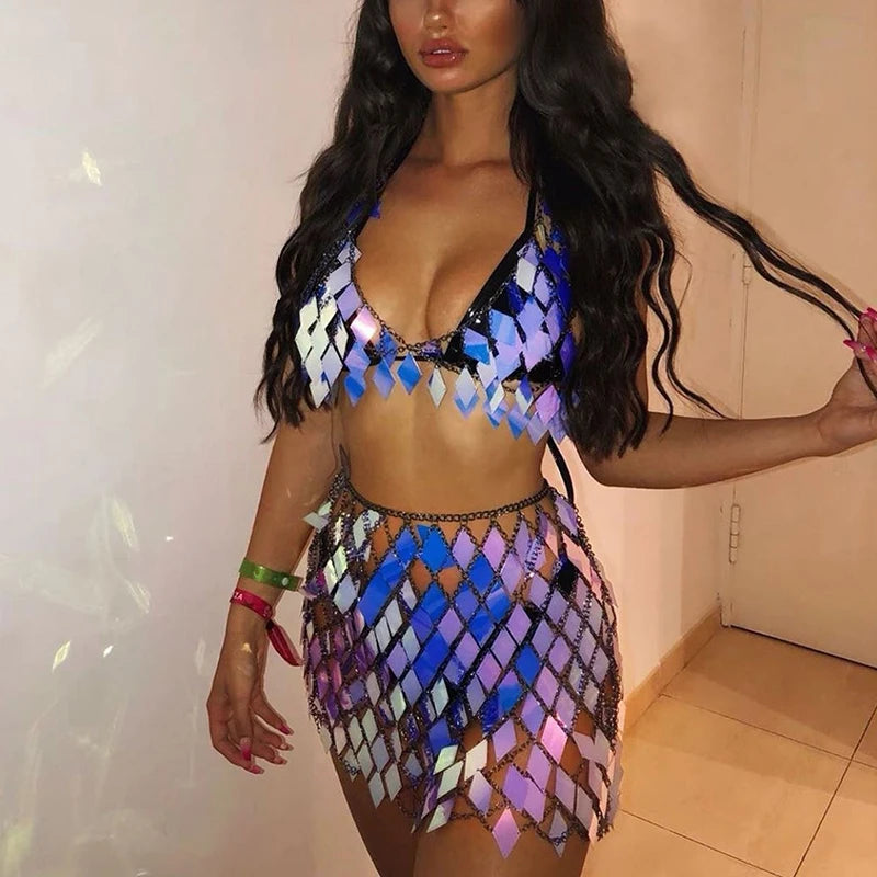 Festival Queen Sequined Crop Top and Mini Skirt