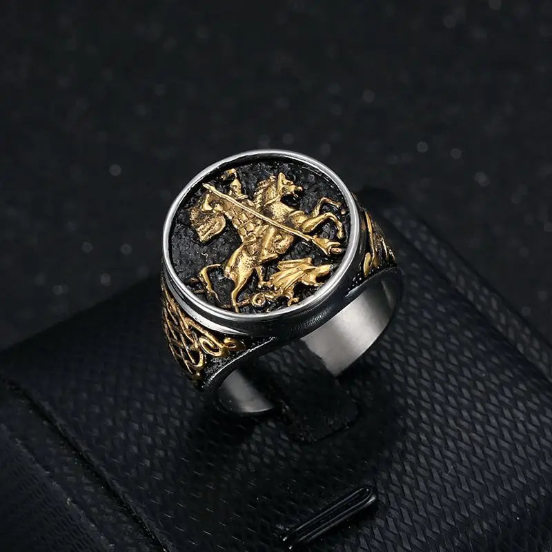 Gold-Plated Saint George Dragon Slaying Knight  Ring