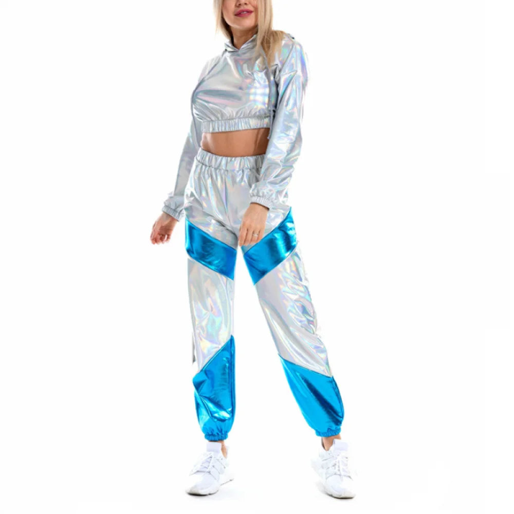 Shiny Crop Top Hoodie Metallic Casual trousers
