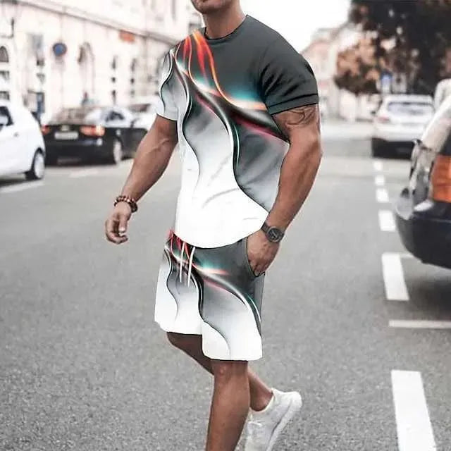 3D Short Sleeve Loose Casual Colorful Line Printing suit