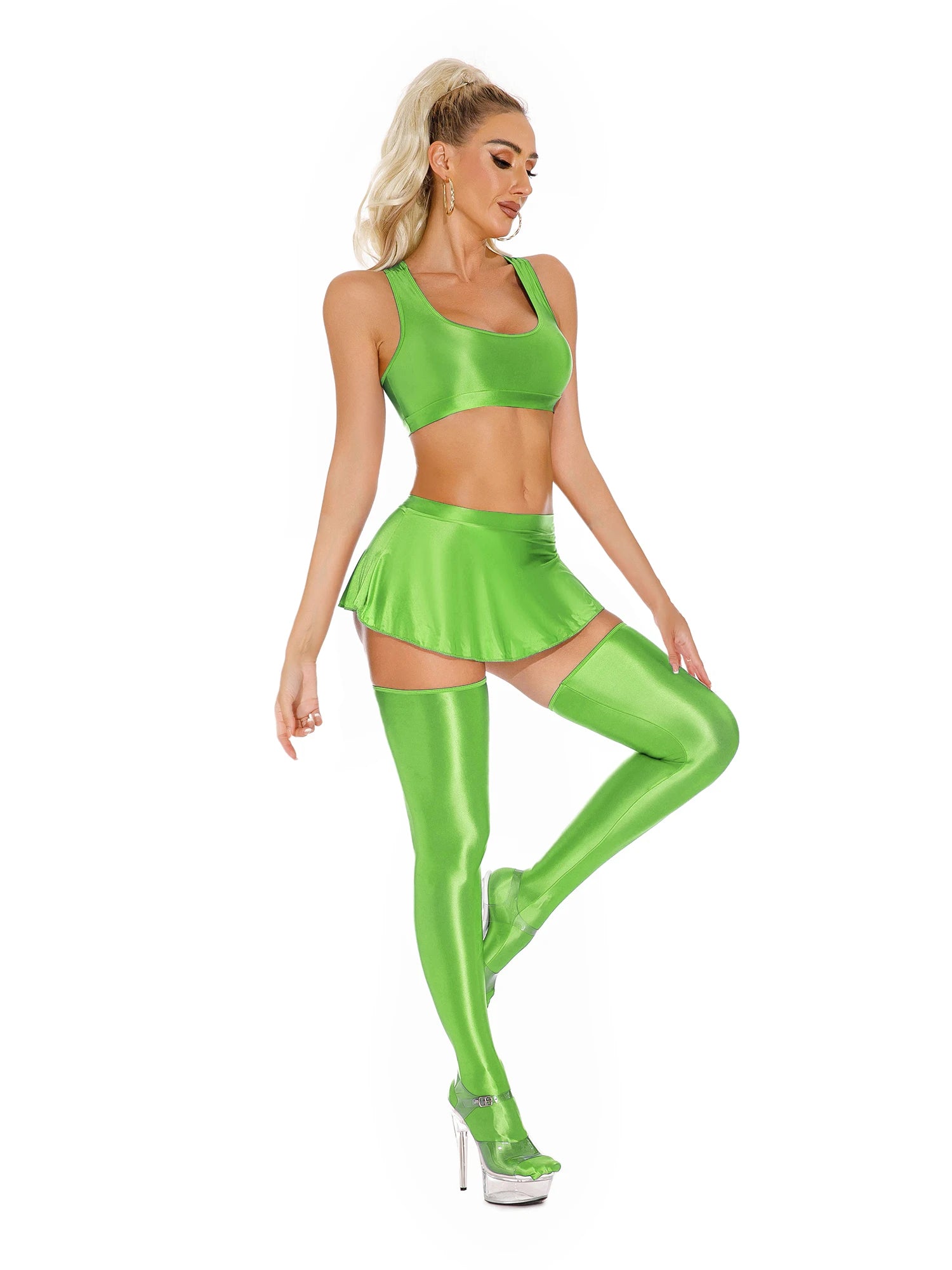 Glossy Rave Party Outfit Mini Skirt  & Crop Top