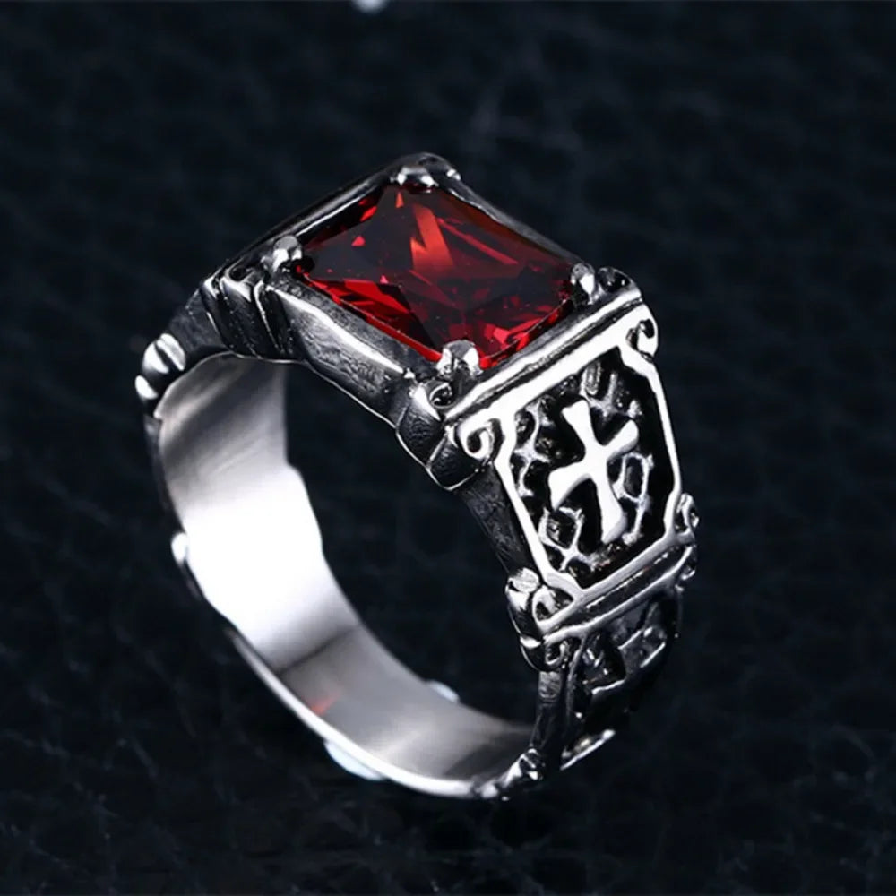 Compact Red Gemstone Cross Pattern Ring