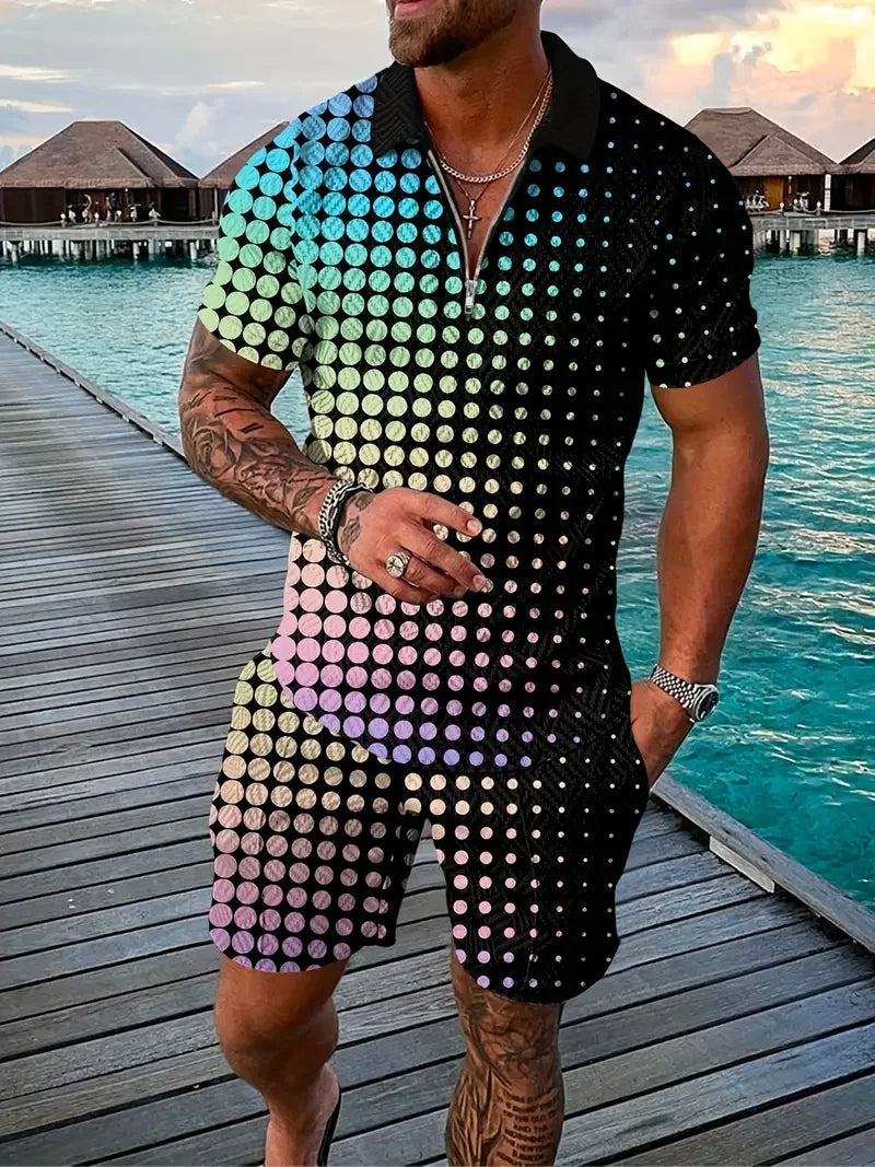 3D Printed Short Sleeve Zipper Polo Shirt Shorts