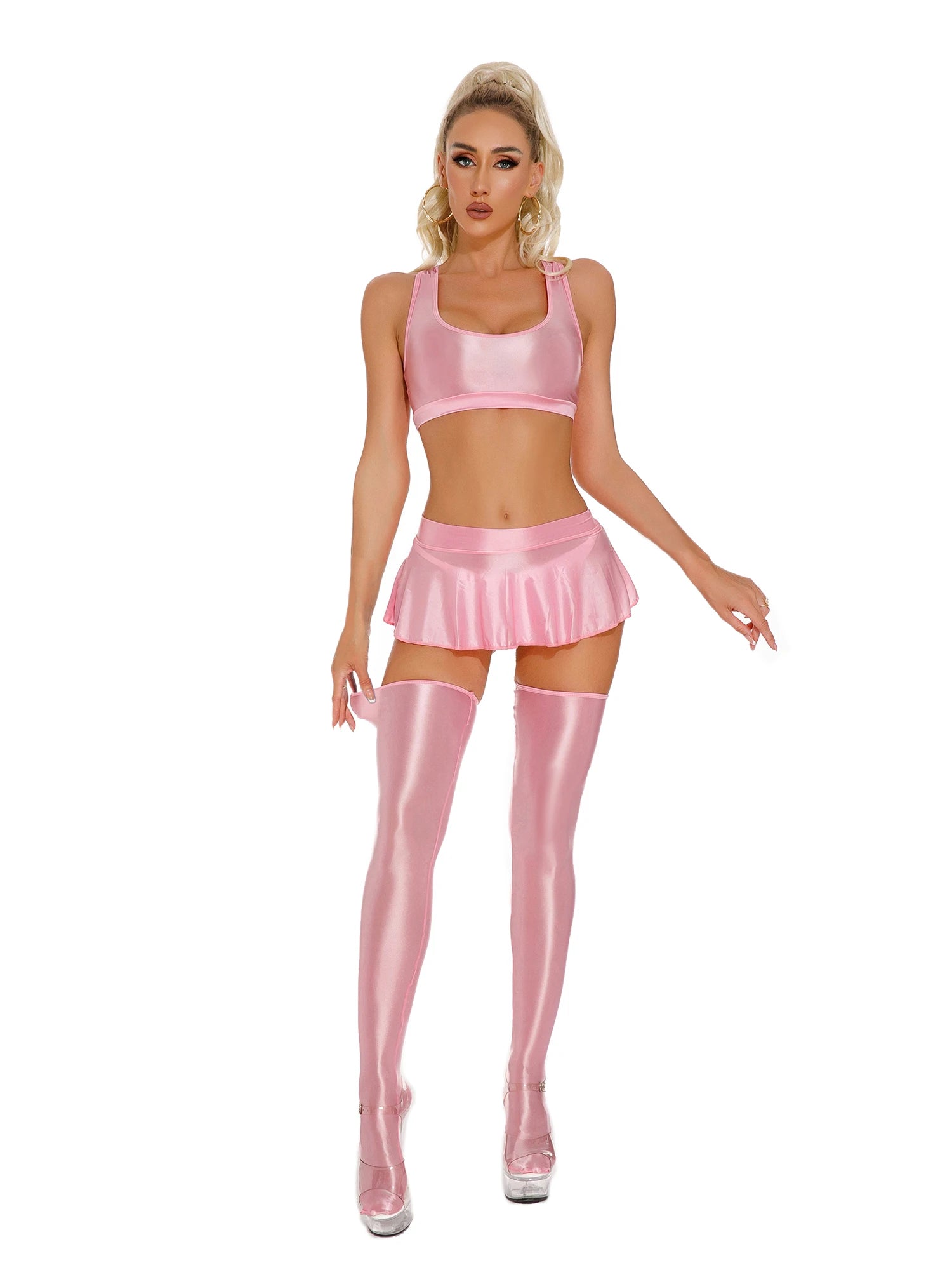 Glossy Rave Party Outfit Mini Skirt  & Crop Top