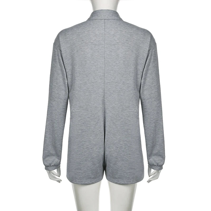 Grey Loose Rompers Fashion Button Up Full Sleeve suit