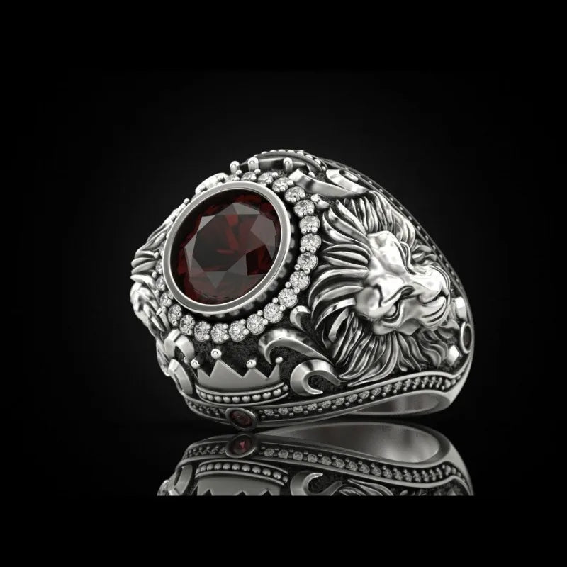 Gold / Silver Color Round Crown Lion Stone Rings