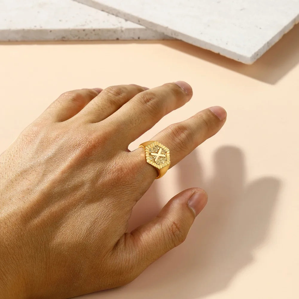 18k gold plated U7 Hexagon Surface Rings