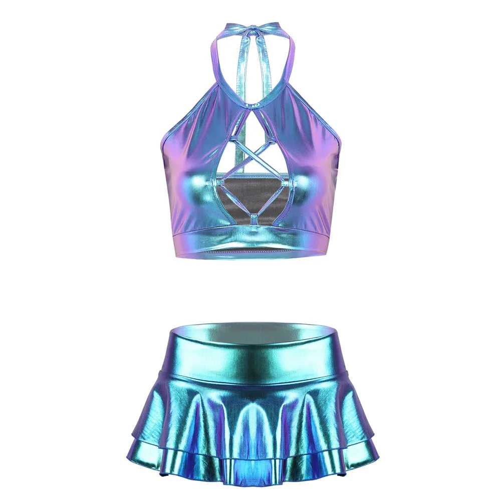 Two Piece Shiny Metallic Rave  Crop Top Bra Vest
