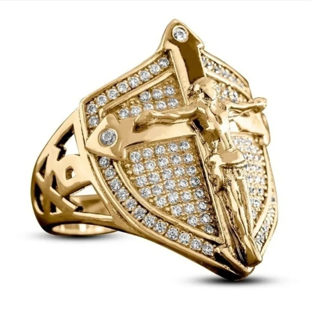 Golden Jesus Cross Shield Ring