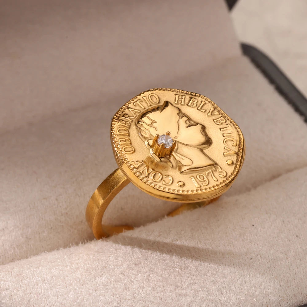 Vintage Ancient Greek Arethusa Goddess Coin Ring - gold plated