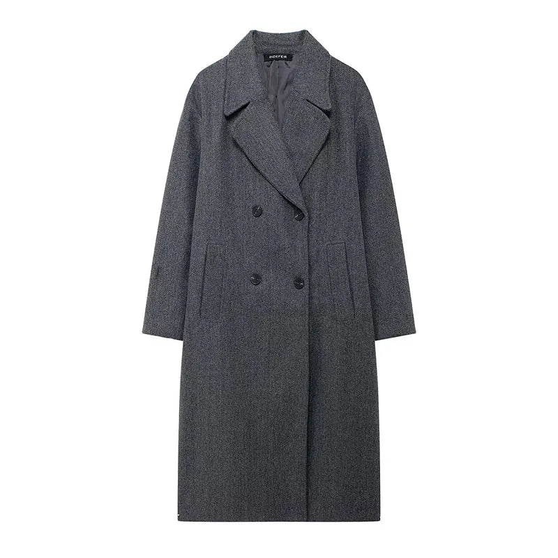 TRAFZA Solid Lapel Double Breasted Coat