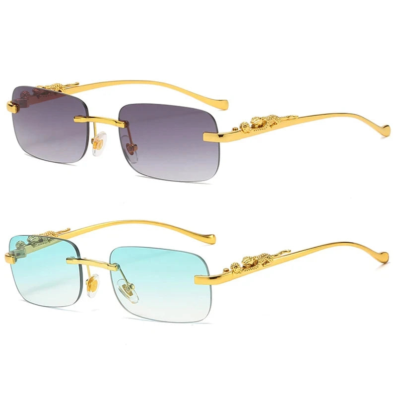 Rimless Rectangle Vintage Metal Leopard Head Sunglasses
