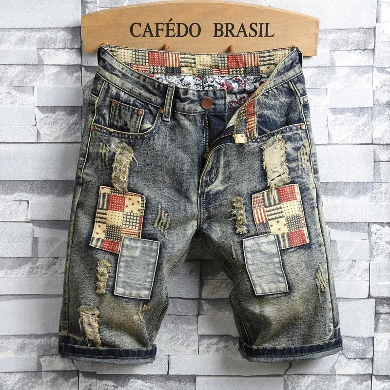 Spliced Ripped Hole Short Jeans