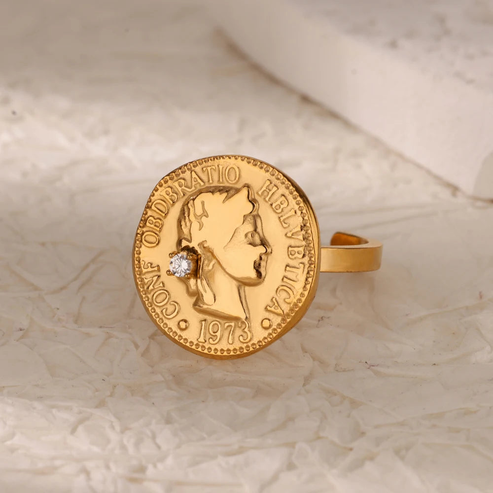 Vintage Ancient Greek Arethusa Goddess Coin Ring - gold plated
