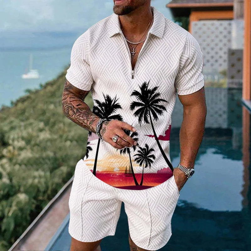 3D Printed Short Sleeve Zipper Polo Shirt Shorts