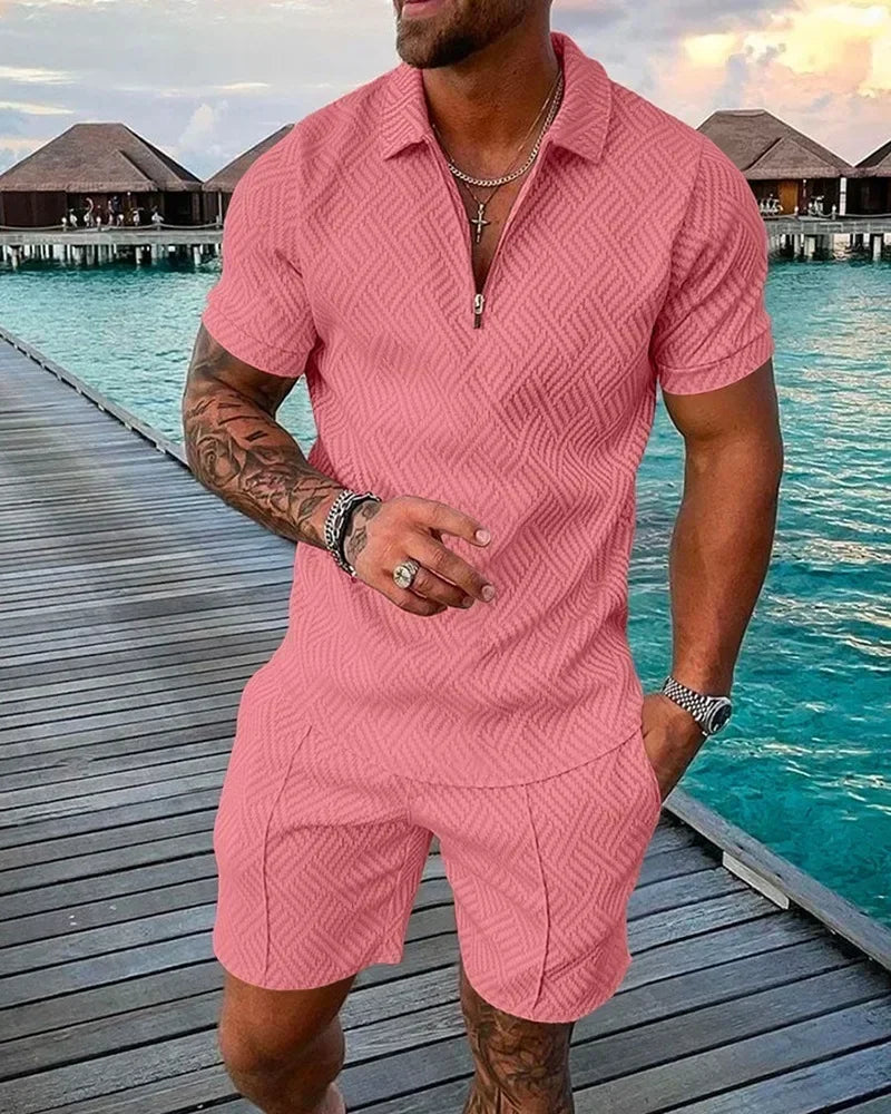 V-neck Zipper Short Sleeve POLO Shirt & Shorts
