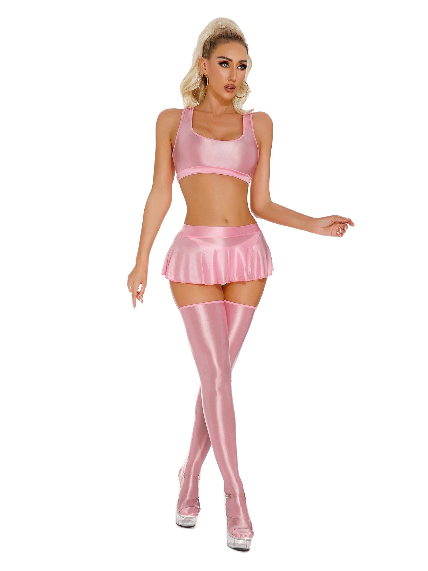 Glossy Rave Party Outfit Mini Skirt  & Crop Top
