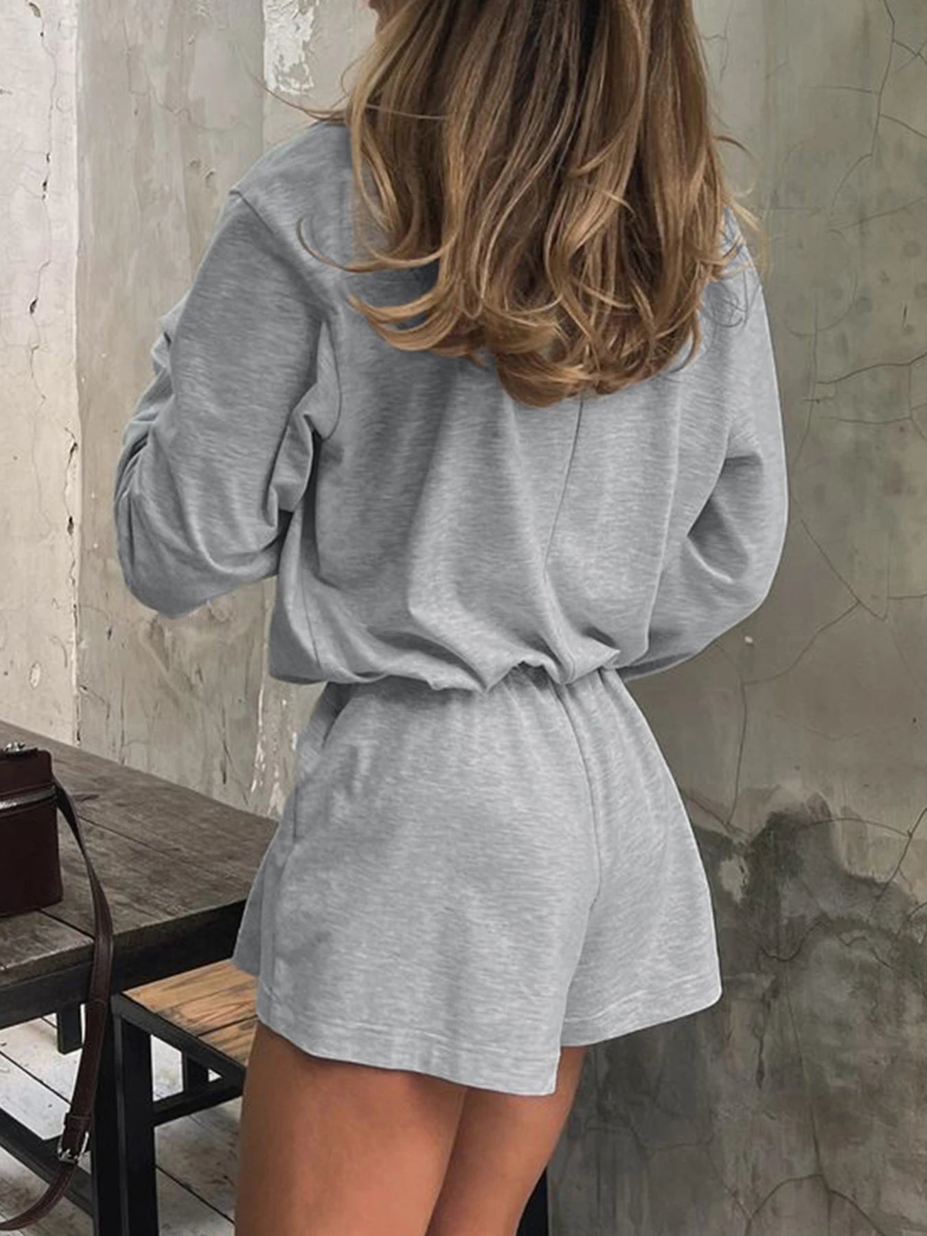 Grey Loose Rompers Fashion Button Up Full Sleeve suit