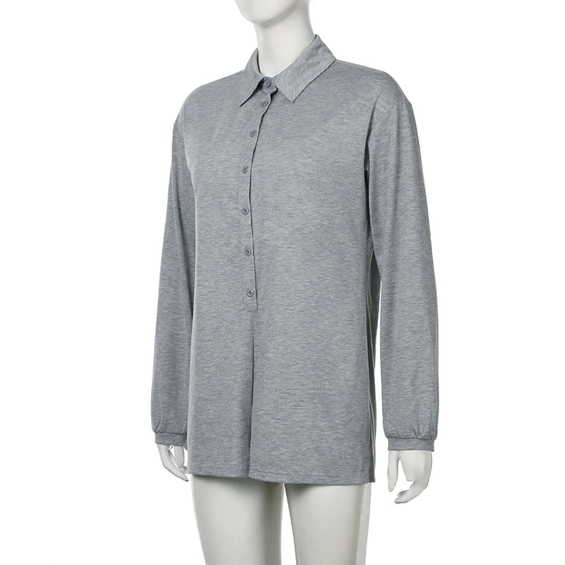 Grey Loose Rompers Fashion Button Up Full Sleeve suit