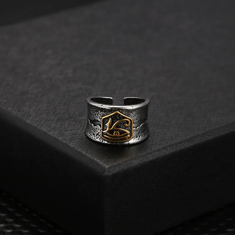 Retro Cracking Golden Horus Eye Wide Ring For Men Punk Gothic Adjustable Open Ring Handmade Designer Jewelry Unisex Accessories