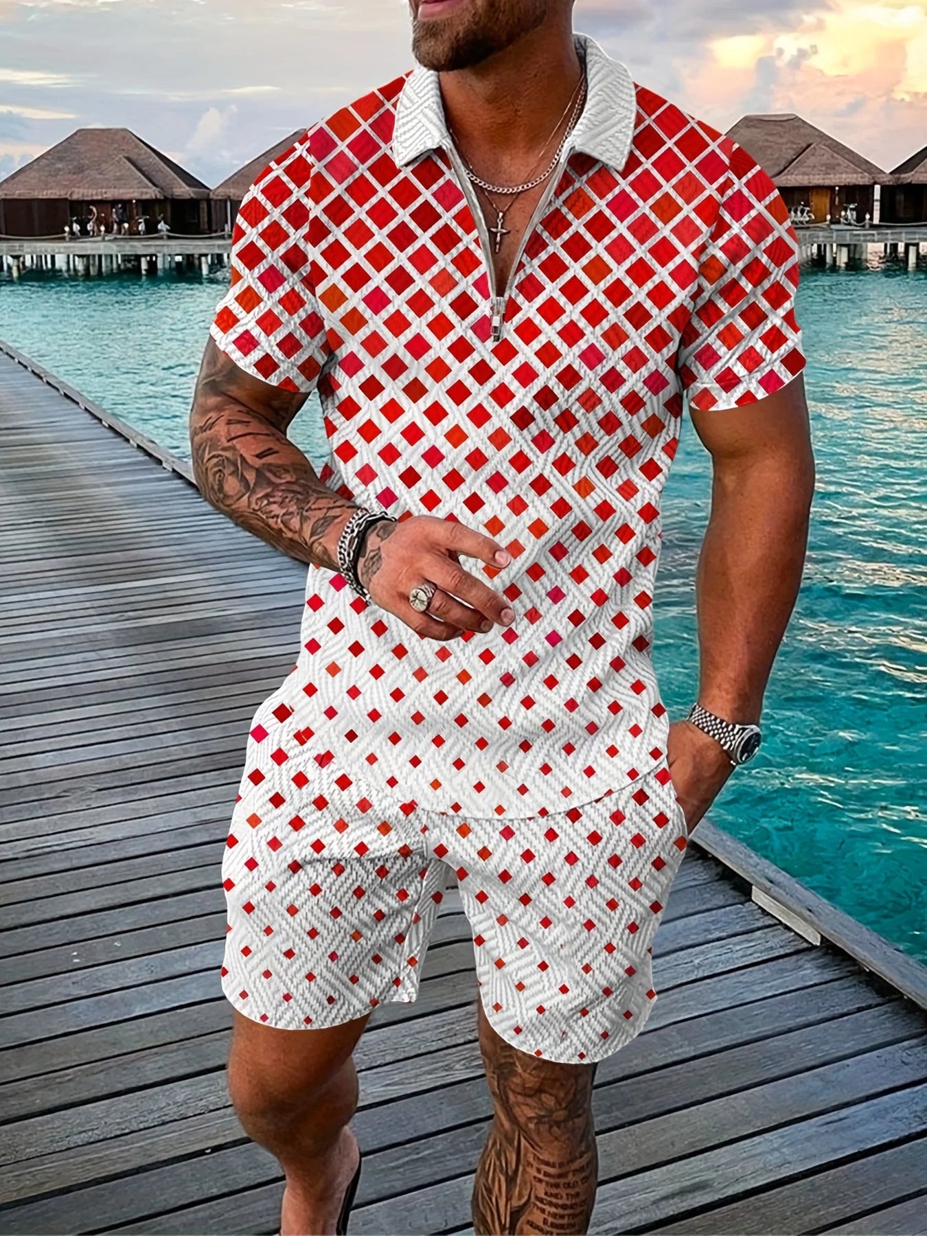 3D Printed Short Sleeve Zipper Polo Shirt Shorts