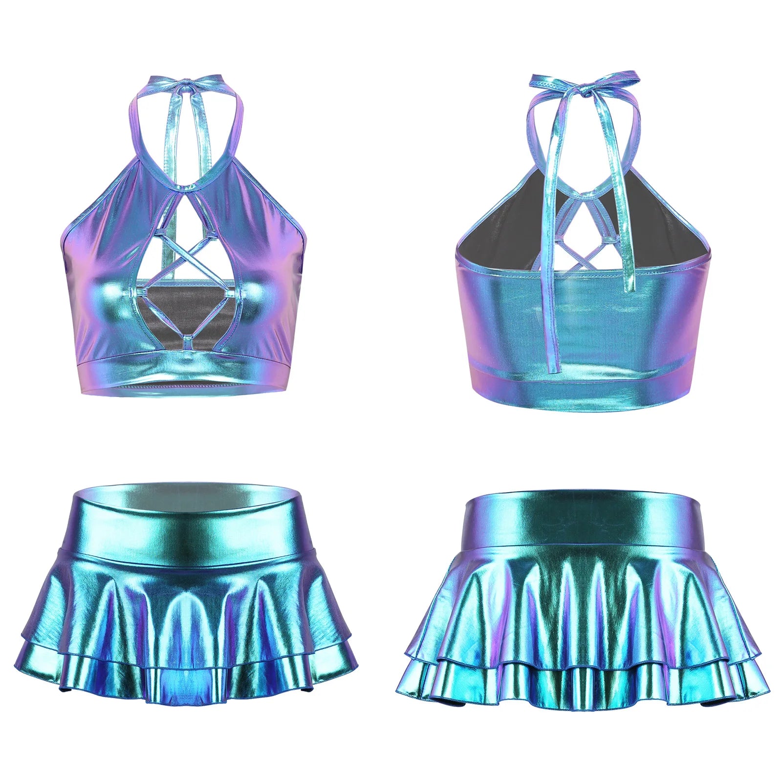 Two Piece Shiny Metallic Rave  Crop Top Bra Vest