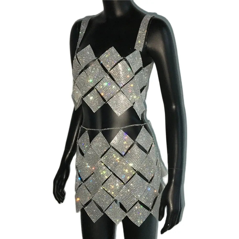 Shiny Crystal Rhinestone  Tank Tops Mini Skirt